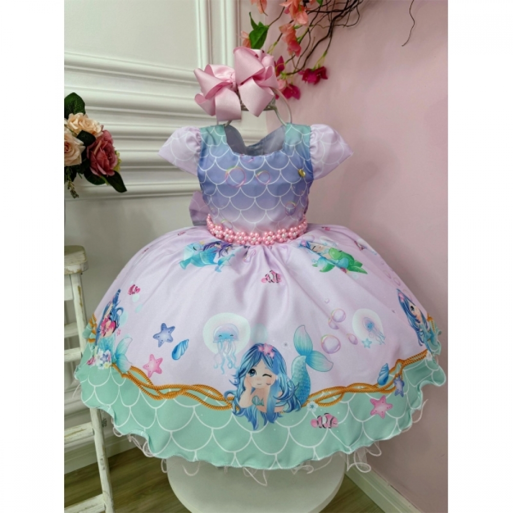 Vestido Infantil Rosa e Lilás Sereia Escamas e Cinto Pérolas