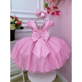 Vestido Infantil Rosa Com Aplique de Borboletas C/ Glitter