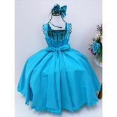 Vestido Infantil Azul Tiffany Bolinhas Aplique Flor Strass