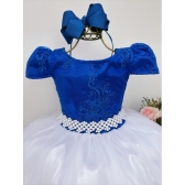 Vestido Infantil Azul Royal e Branco Damas Honra e Casamento