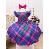 Vestido Infantil Azul Royal Colorido Xadrez C/ Laço Luxo - Azul Royal