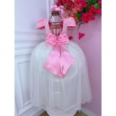 Vestido Infantil Rosa C/ Renda e Saia Off White Damas Longo