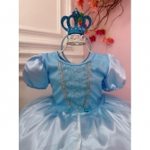 Kit Princesa Fantasia Infantil Frozen C/ Tiara e Luva Luxo - Azul Claro