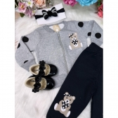 Conjunto Infantil Moletom Flanelado Cinza e Preto C/ Zíper Ursinho