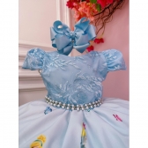 Vestido Infantil Princesa Cinderela Azul C/ Renda e Pérolas