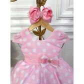 Vestido Infantil Rosa C/ Bolinhas Minnie C/ Aplique de Laço