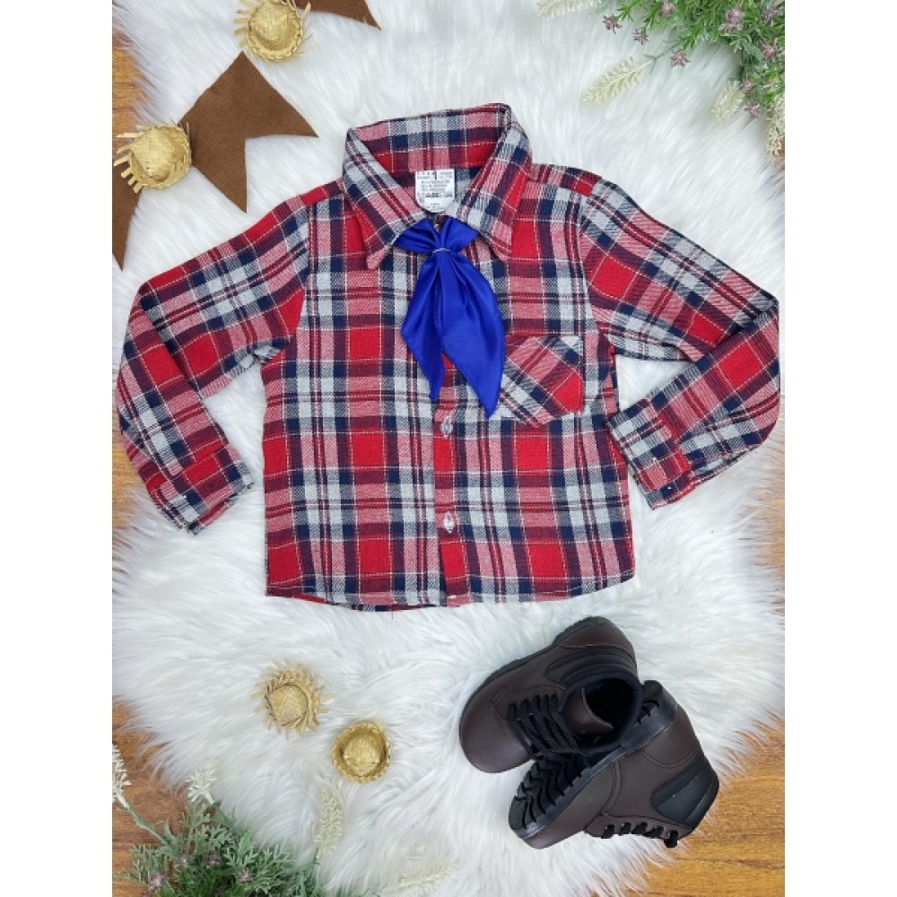 Camisa Flanelada Xadrez Junino Vermelho e Azul C/ Gravata