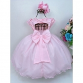 Vestido Infantil Rosa C/ Renda e Apliques Cinto Pérolas