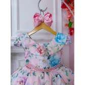 Vestido Infantil Rosa Floral Jardim C/ Cinto de Pérolas