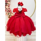 Vestido Infantil Vermelho C/ Renda e Cinto de Pérolas Damas - Vermelho