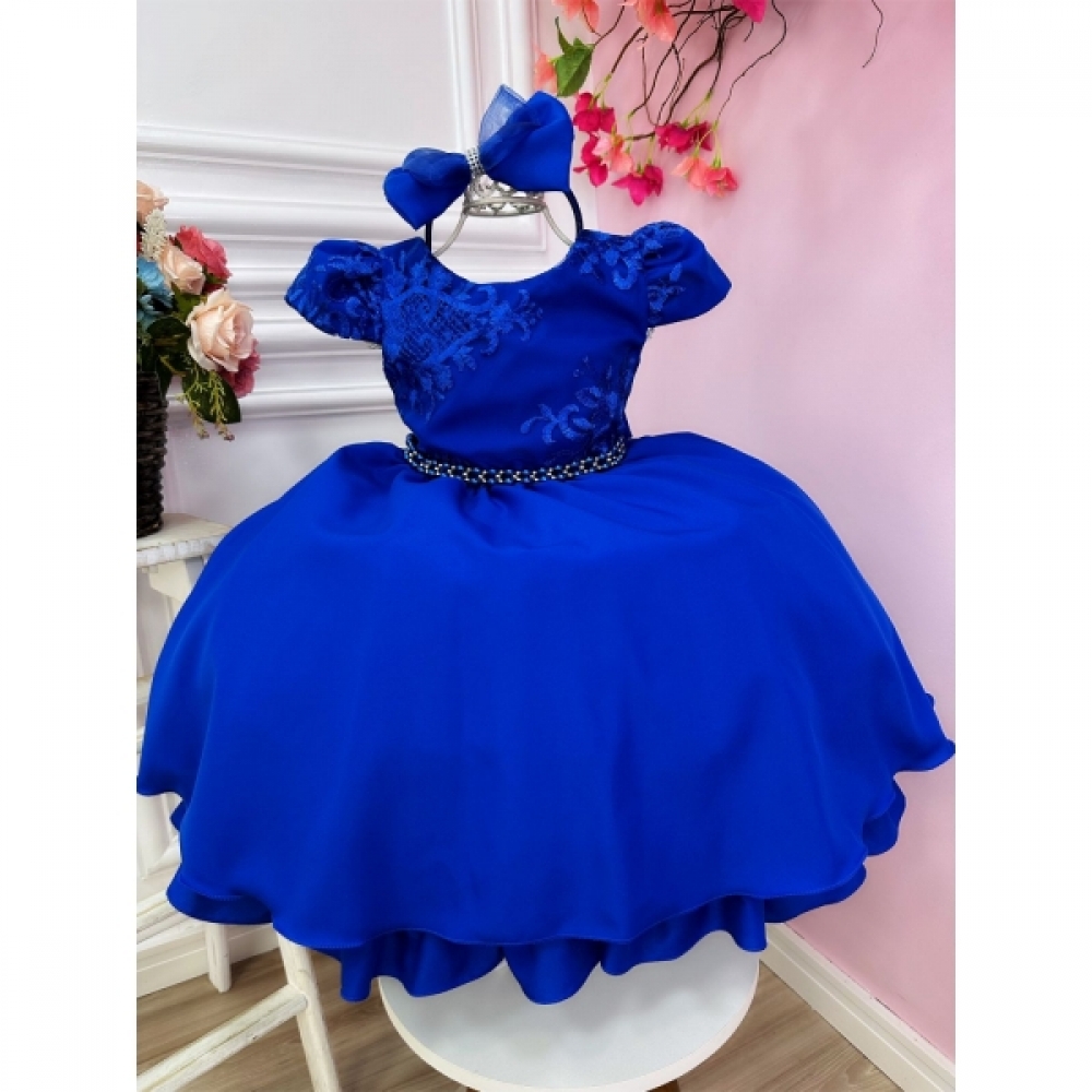 Vestido Infantil Azul Royal Renda C/ Cinto Pérolas e Tiara - Azul Royal