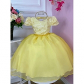 Vestido Infantil Amarelo C/ Renda Cinto Pérolas e Tiara