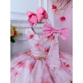Vestido Infantil Rosa Florido C/ Cinto de Pérolas e Strass - Rosa