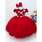 Vestido Infantil Vermelho Renda Aplique Flores e Borboletas