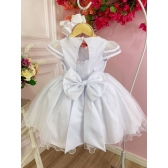 Vestido Infantil Branco C/ Aplique Flores Borboletas e Renda