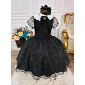 Vestido Infantil Preto Gola Branca C/ Glitter Princesas