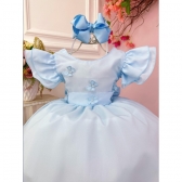 Vestido Infantil Azul Claro C/ Apliques Borboletas e Flores - Azul Claro