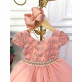 Vestido Infantil Salmão Bordado C/ Borboletas e Pérolas