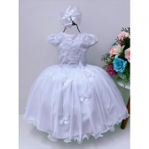 Vestido Infantil Branco C/ Renda e Borboletas Dama Princesas