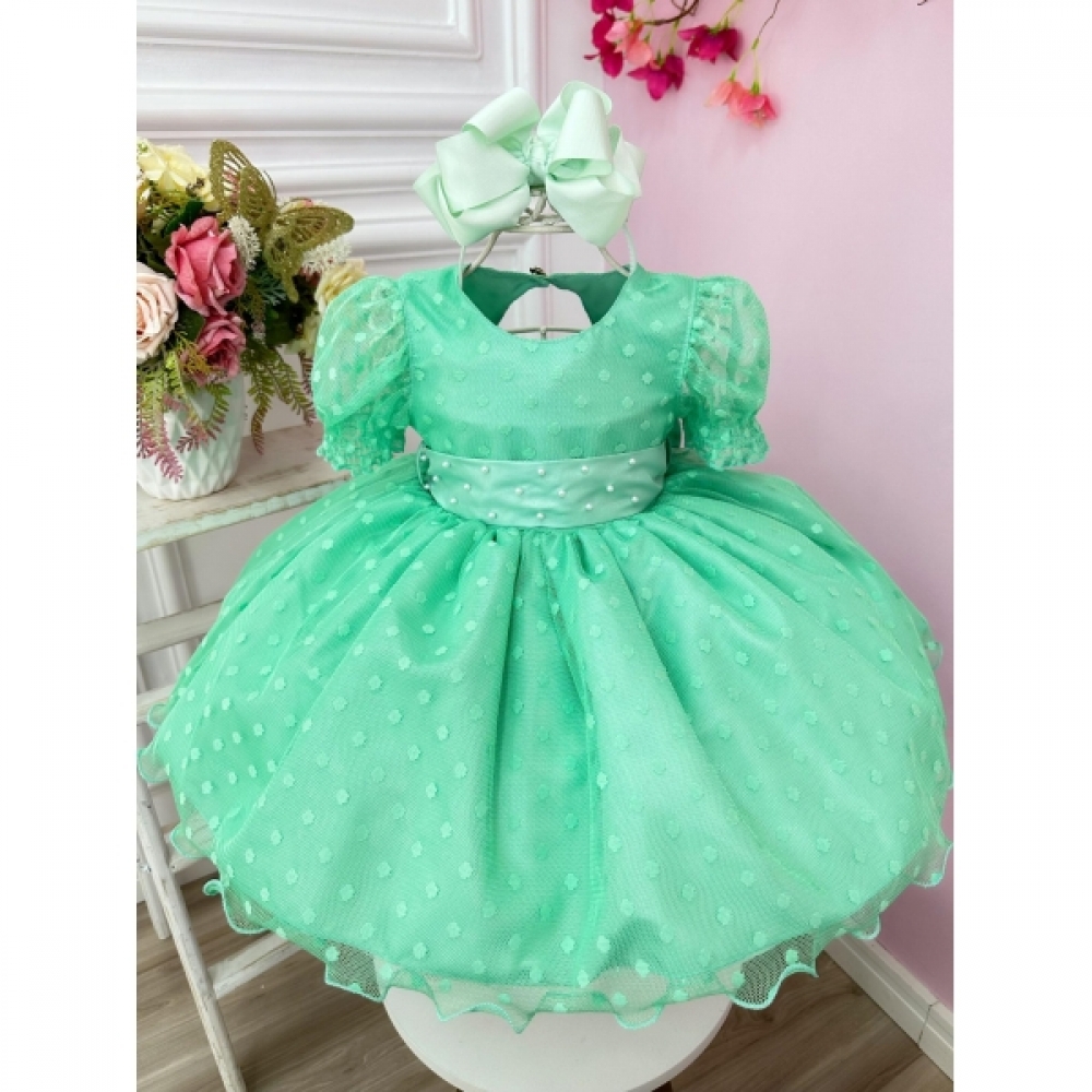 Vestido Bebê Verde Com Poá e Pérolas Batizados Festas