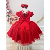 Vestido Infantil Vermelho Tule Pipoquinha Luxo C/ Pérolas - Vermelho