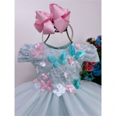 Vestido Infantil Verde C/ Renda de Aplique Borboletas Flores