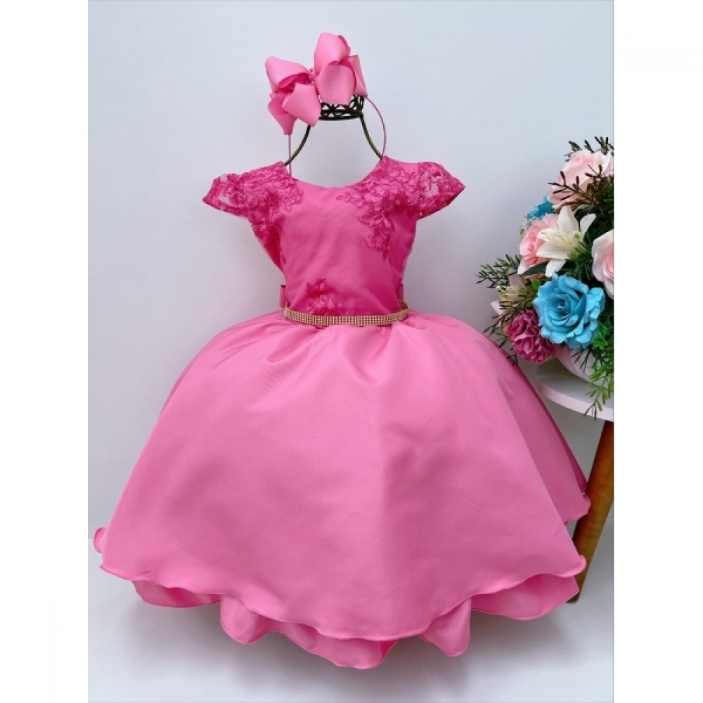 Vestido Infantil Rosa Chiclete Renda Cinto Strass Luxo Damas