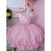 Vestido Infantil Rosa Aplique de Borboletas C/ Glitter