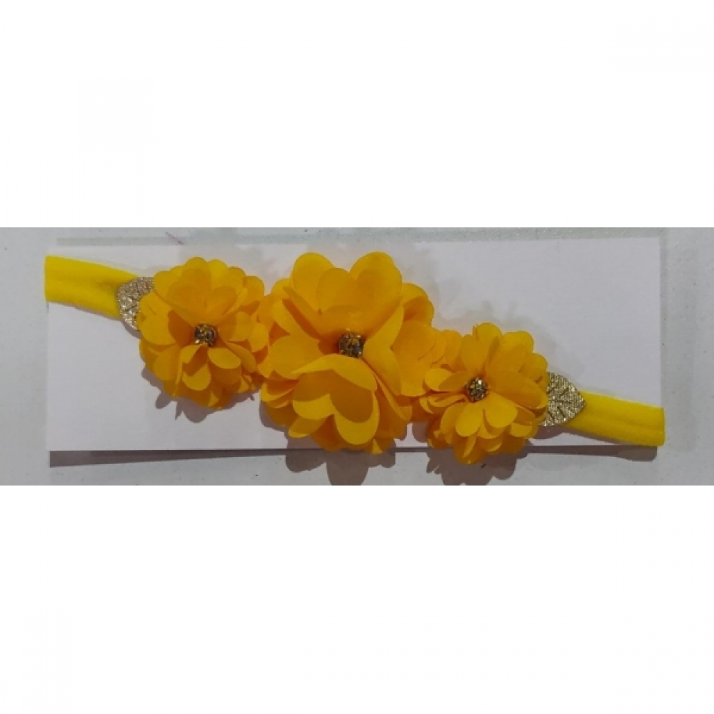 Faixinha de Cabelo Bebê C/ Laço Strass Florzinha Várias Cores - Amarelo Ouro