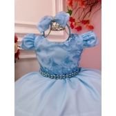 Vestido Infantil Azul Bebê C/ Renda e Cinto de Pérolas Tiara - Azul Claro