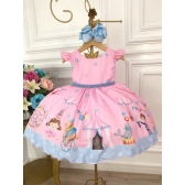 Vestido Infantil Rosa Turma do Circo Com Estrelas Pérolas