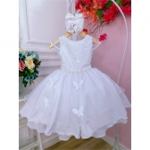 Vestido Infantil Branco C/ Renda e Aplique de Borboletas