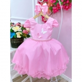 Vestido Infantil Rosa Com Aplique de Borboletas C/ Glitter