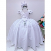Vestido Infantil Branco Peito Nervura Broche Flor Luxo