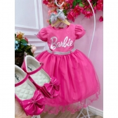 Vestido Infantil Barbie Rosa Chiclete Com Cinto de Strass