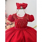 Vestido Infantil Vermelho Tule Pipoquinha Luxo C/ Pérolas - Vermelho