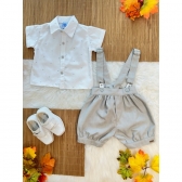 Conjunto Social Bebê C/ Camisa Short Gravata e Susp. Cinza - Cinza