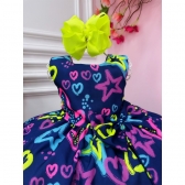 Vestido Infantil Barbie Azul Marinho Neon C/ Broche de Laço