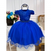 Vestido Infantil Azul Royal C/ Renda e Cinto de Pérolas Luxo