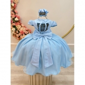 Vestido Infantil Azul Claro Busto Nervura Pérolas e Strass - Azul claro