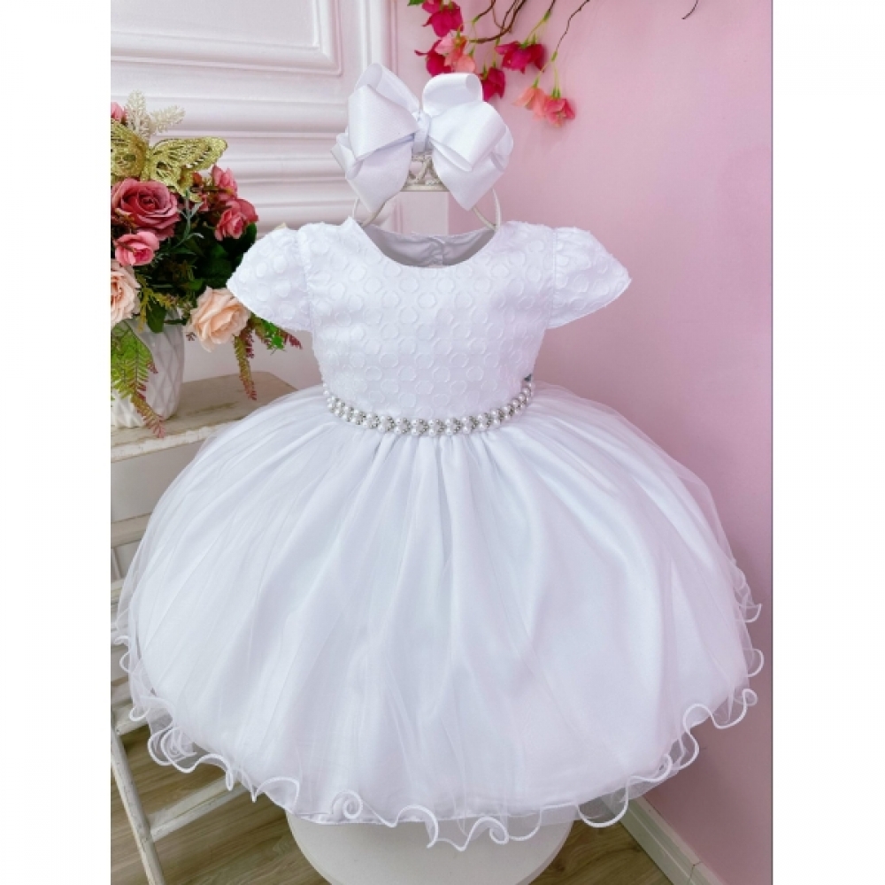 Vestido Bebê Branco Busto C/ Poá e Pérolas Batizados Festa - Branco