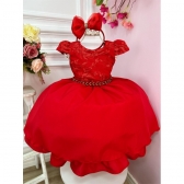 Vestido Infantil Vermelho C/ Renda Tiara e Cinto de Pérolas