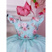 Vestido Infantil Verde Rosas Cinto Pérolas Luxo Paris