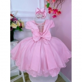 Vestido Infantil Rosa Peito Nervura Cinto de Pérolas Strass