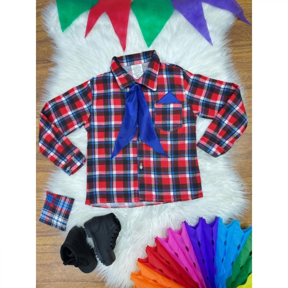 Camisa Flanelada Xadrez Junino Vermelho e Azul C/ Lenço e Gravata