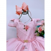 Vestido Infantil Salmão Floral Luxo Cinto Pérolas Strass