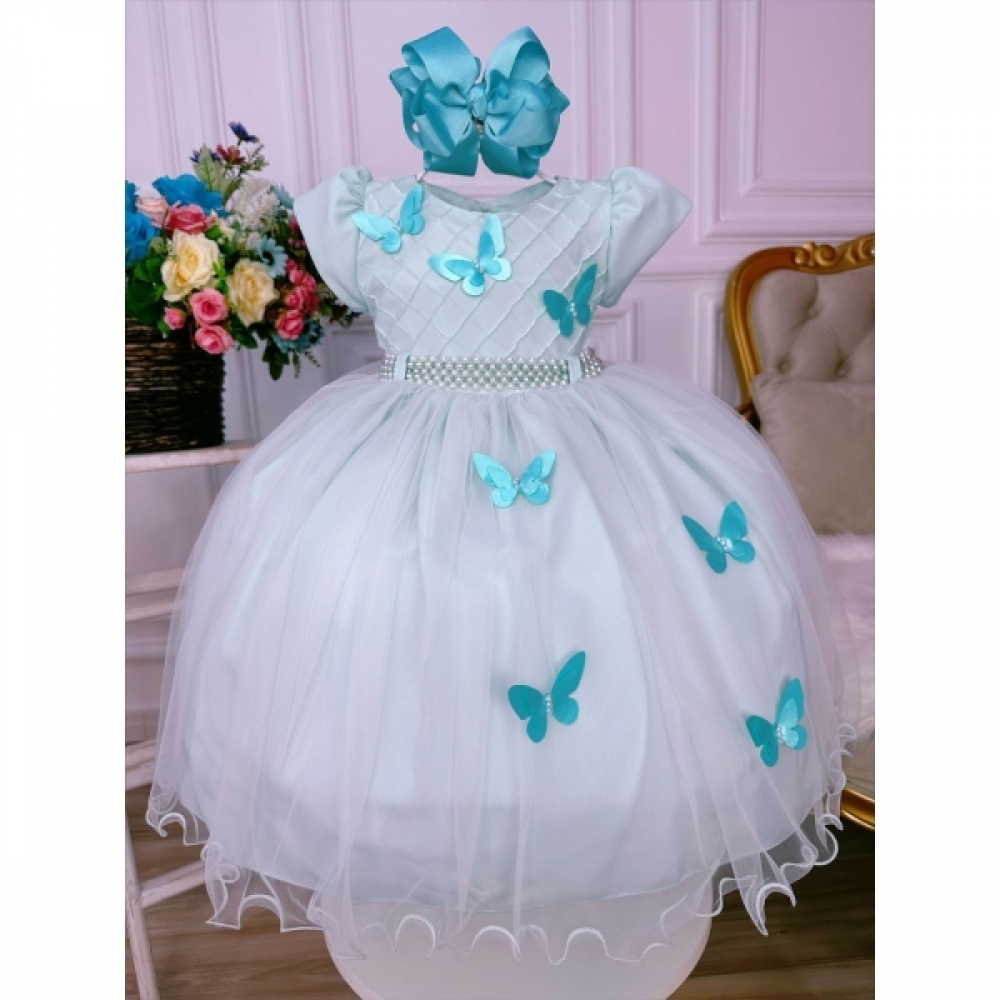 Vestido Infantil Verde Claro Peito Nervura Aplique Borboleta