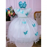 Vestido Infantil Verde Claro Peito Nervura Aplique Borboleta