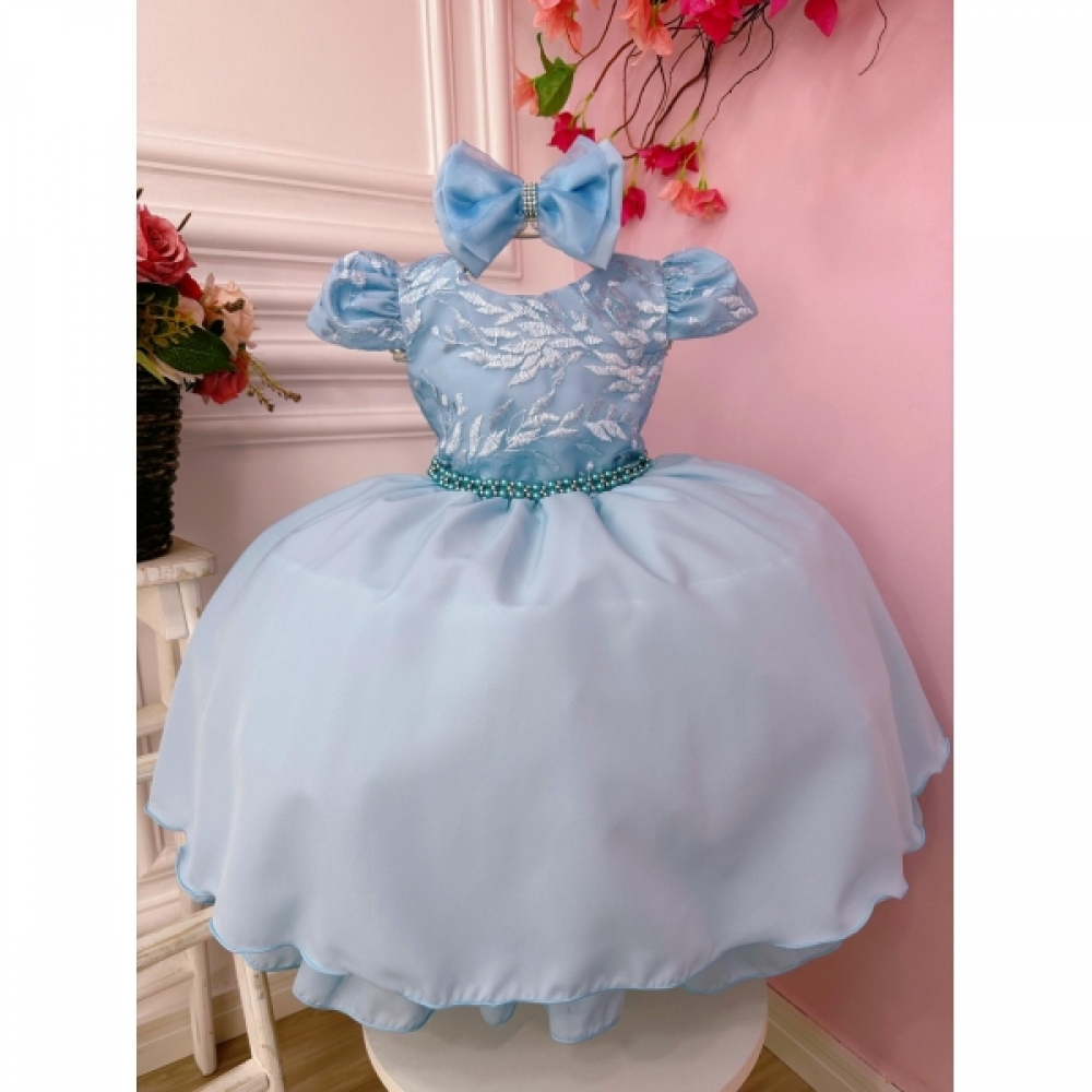 Vestido Infantil Azul Com Renda Cinto de Pérolas e Tiara - Azul Claro
