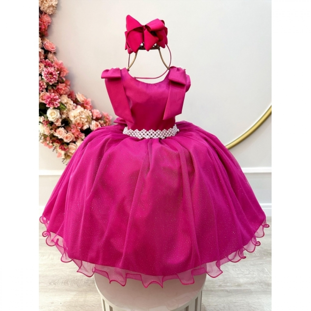 Vestido Infantil Pink C/ Pérolas e Saia Tule Glitter - Pink